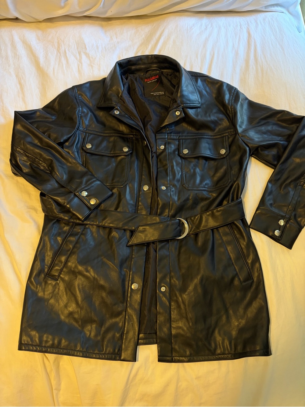 Pull&Bear Black Faux Leather Belted Trench Coat Woman’s Size L